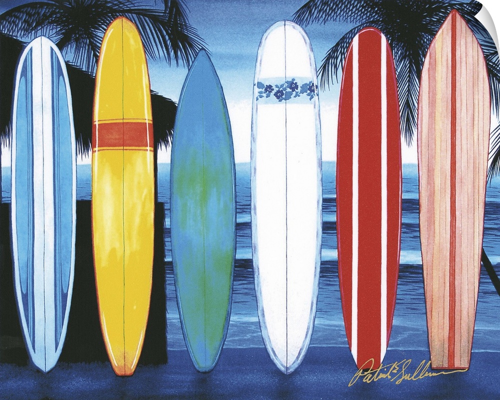 Contemporary painting of surfboards lined up on a tropical beach.