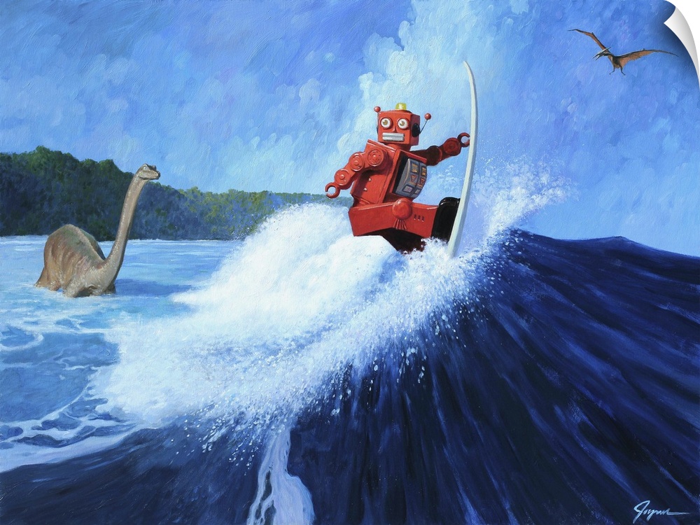 A contemporary painting of a red retro toy robot surfing a giant wave while dinosaurs are seen in the background.