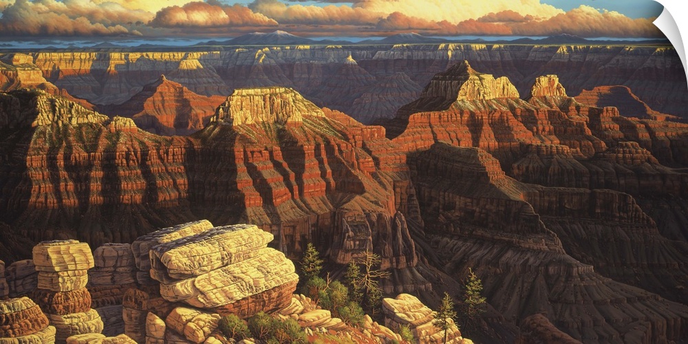 A beautiful vista of the Grand Canyon and it's many cliffs and mountains.