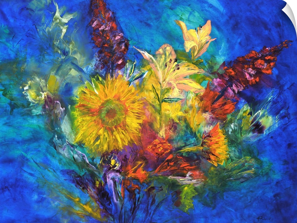Contemporary painting of a colorful floral abstract.