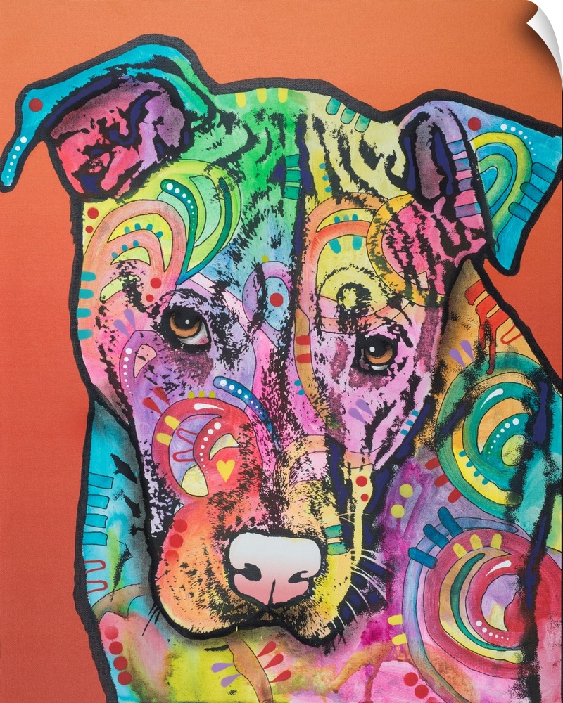 Contemporary painting of an apologetic dog made with different colors and abstract designs on a red-orange background.