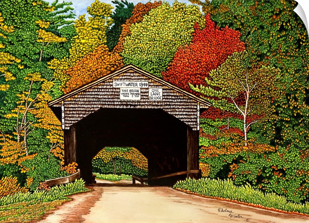 Contemporary artwork of a covered bridge surrounded by autumn foliage.