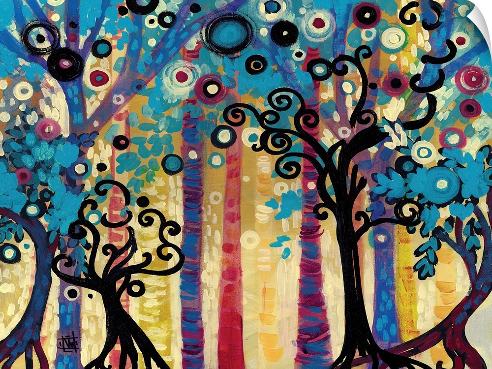 Contemporary painting of a forest of trees with curly branches and spheres of color.