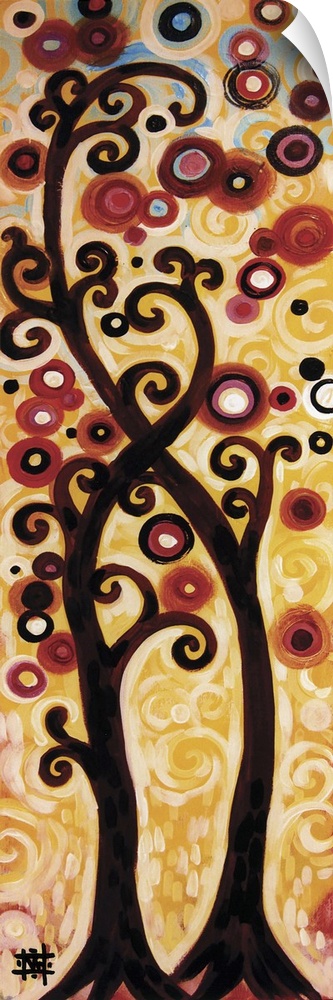 Vertical contemporary painting of two trees with curly branches intertwining.