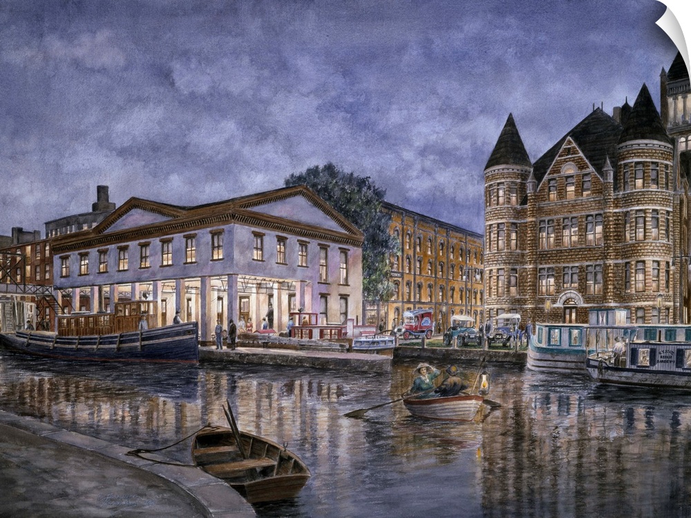 Contemporary painting of a city scene at night.