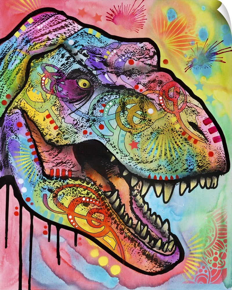 Contemporary painting of a T-Rex head covered in colorful abstract designs.