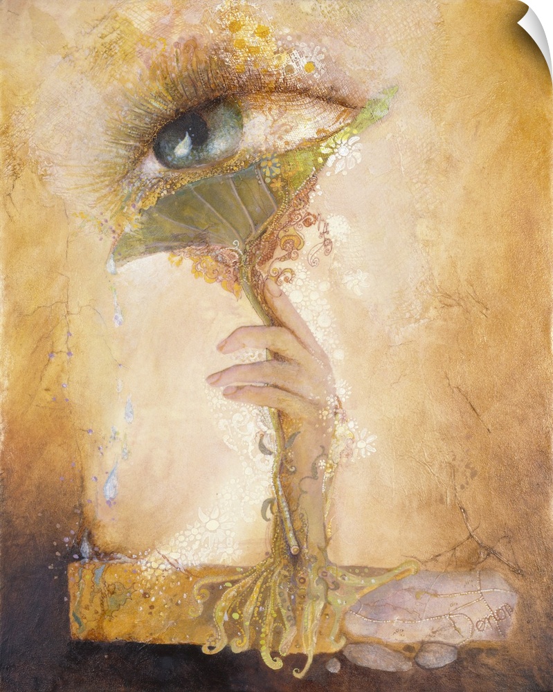 A contemporary painting of a mystical looking image with a hand reaching up to an ethereal eye.