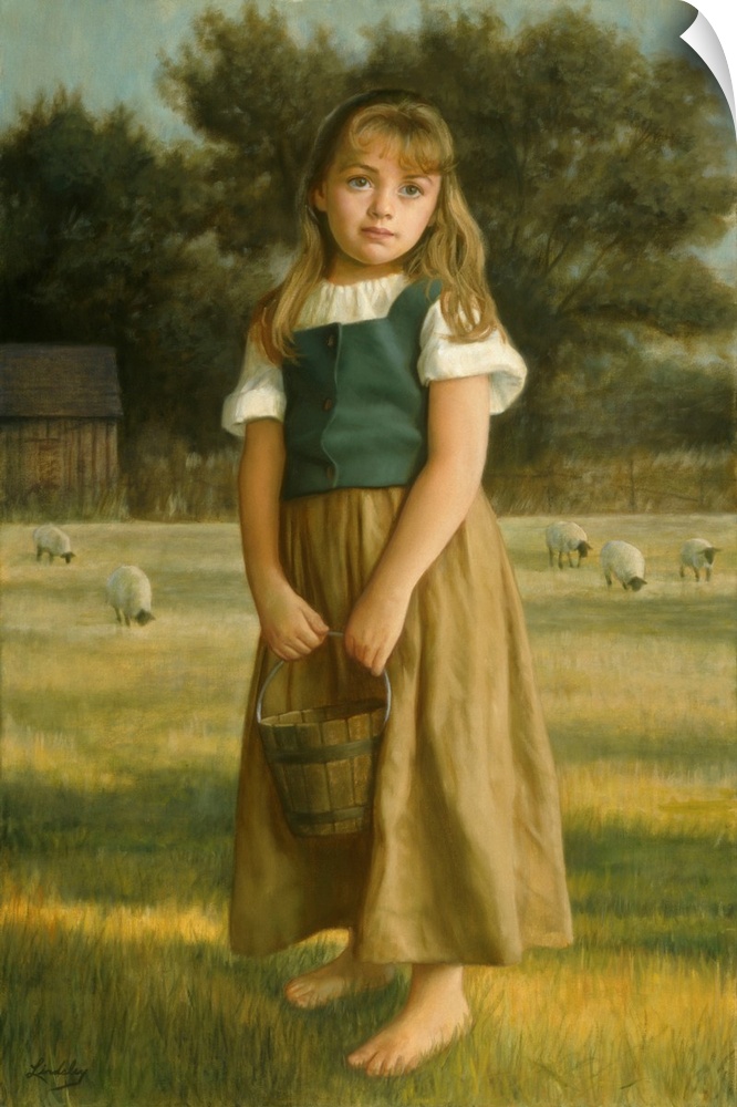 Little girl holding a basket standing in a field with sheep behind her.