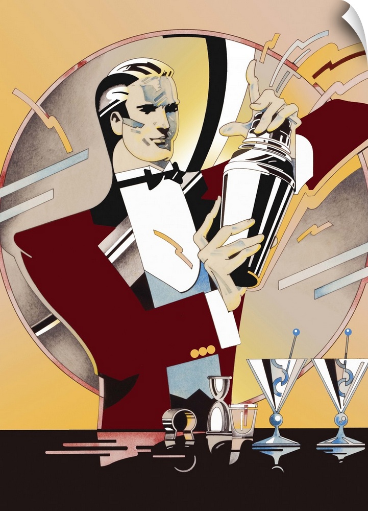 Art deco style illustration of a bartender preparing a cocktail in a shaker.