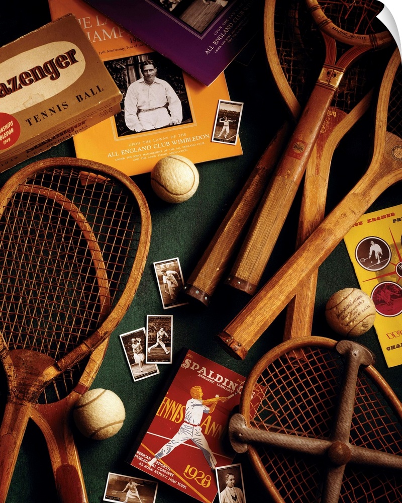 Photograph of vintage tennis gear and memorabilia.