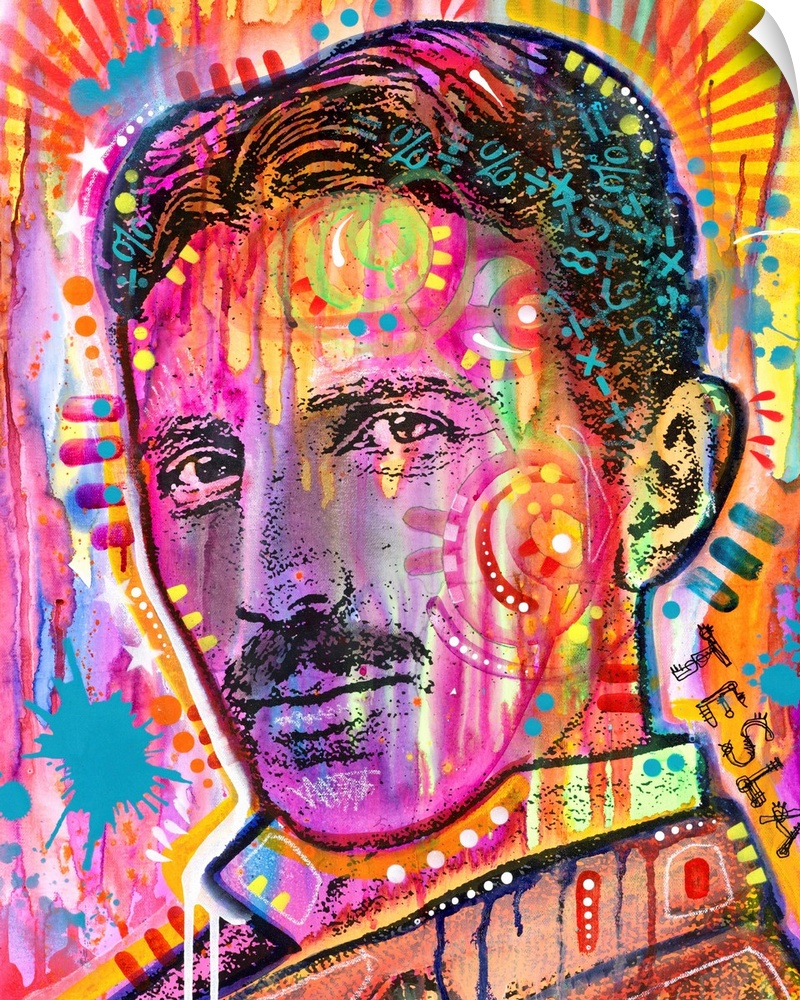 Pop art style painting of Nikola Tesla in different colors and covered in abstract designs.