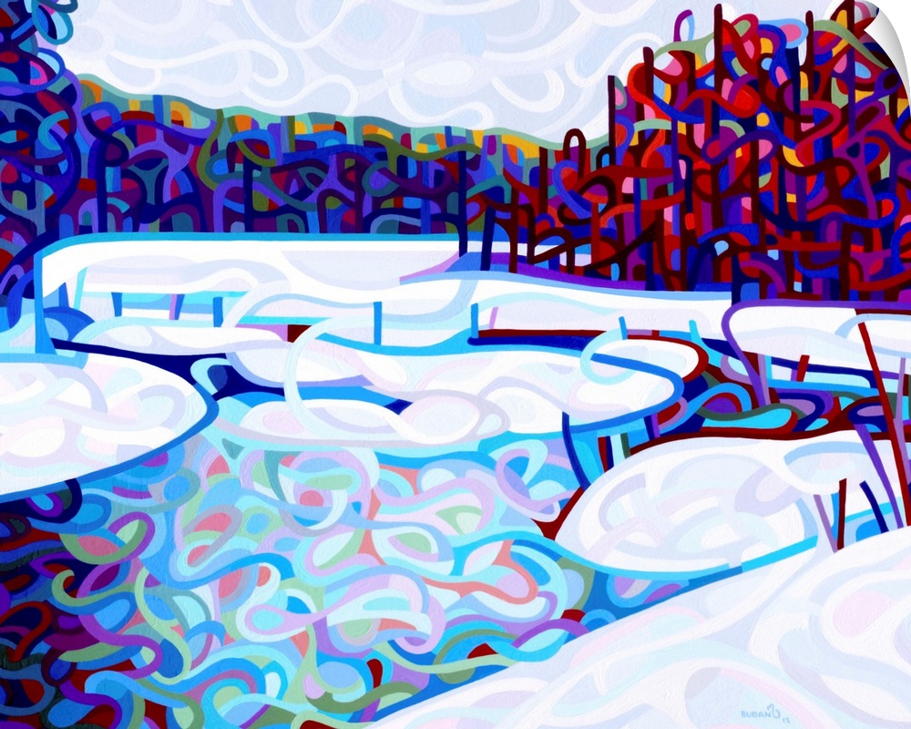 Stylized contemporary painting of a frozen river in a forest with snowy banks.