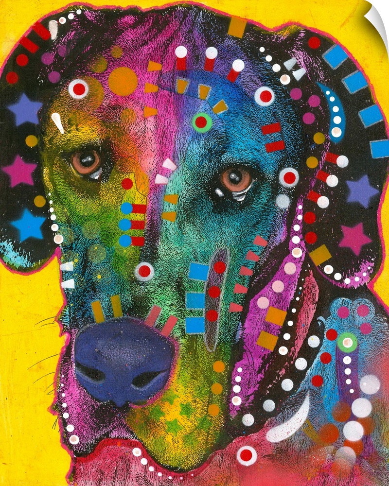 Colorful illustration of a begging dog with geometric designs all over on a yellow background.