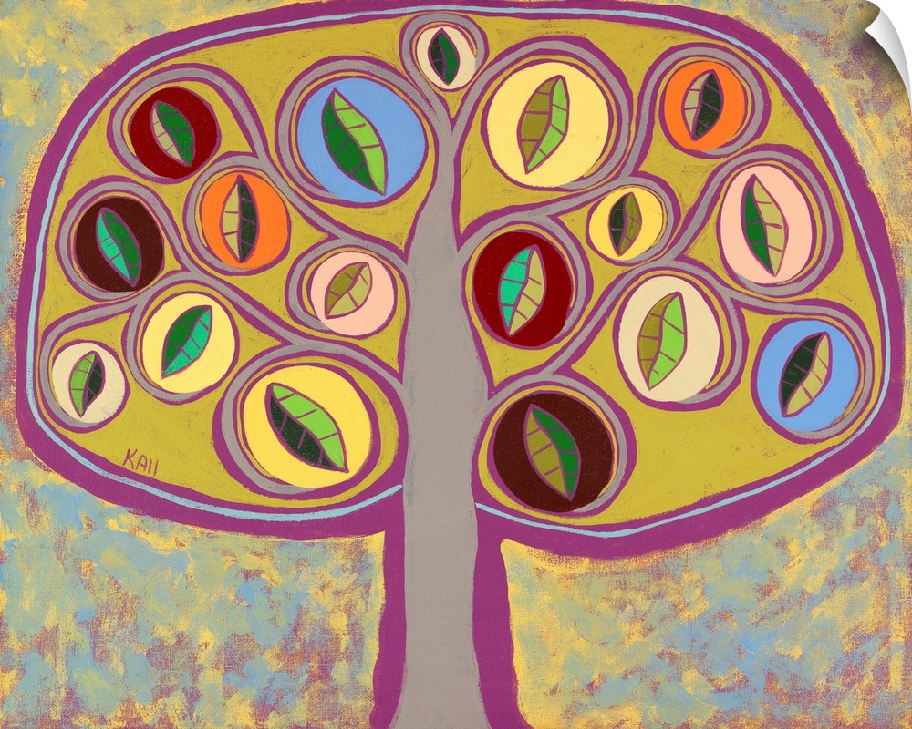 Contemporary painting of a tree with curled branches and round leaves.