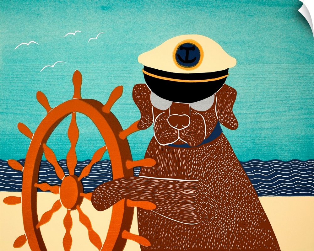 Illustration of a chocolate lab wearing a sailors hat and pawing a ship wheel on the beach.