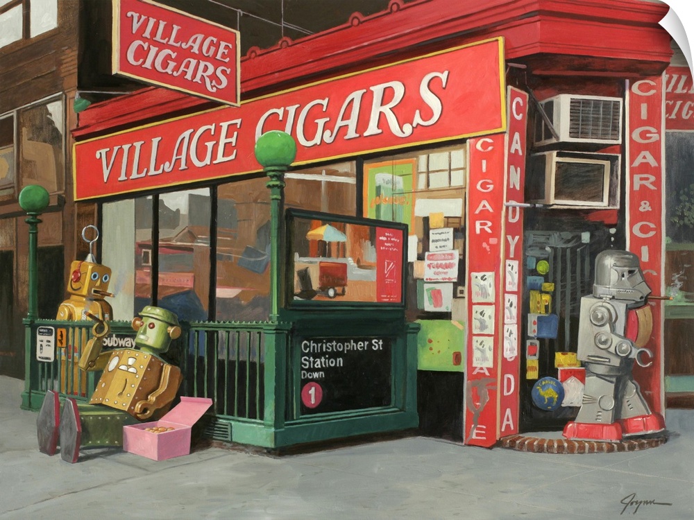 A contemporary painting of a city scene of retro toy robots walking in and around a cigar shop smoking cigars and eating d...