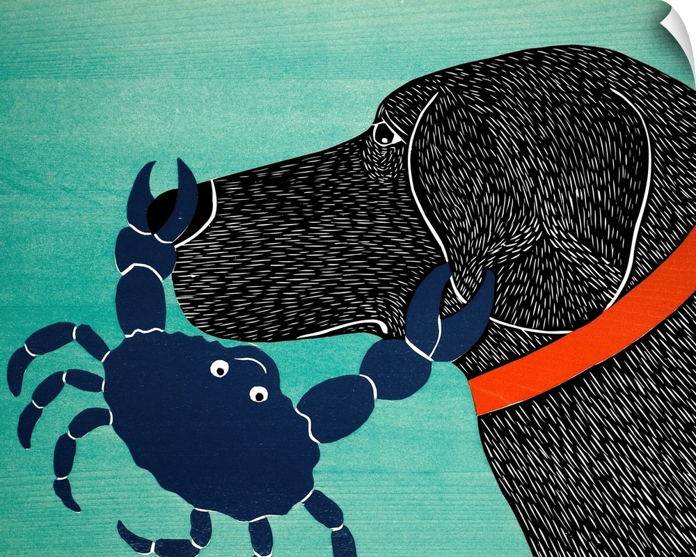 Illustration of a black lab with a blue crab pinching its nose and ear.