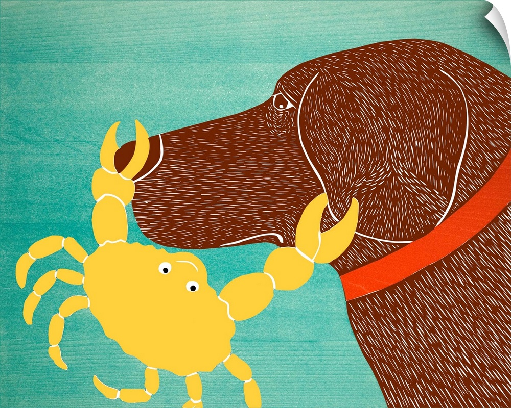 Illustration of a chocolate lab with a yellow crab pinching its nose and ear.