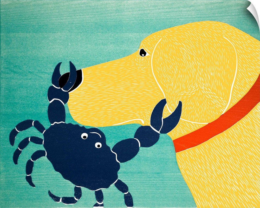 Illustration of a yellow lab with a blue crab pinching its nose and ear.