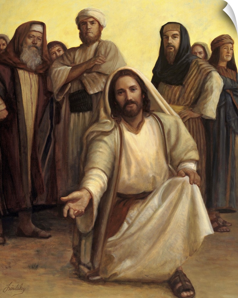 Jesus kneeling on the ground with his hand out as a group of men stand behind him.