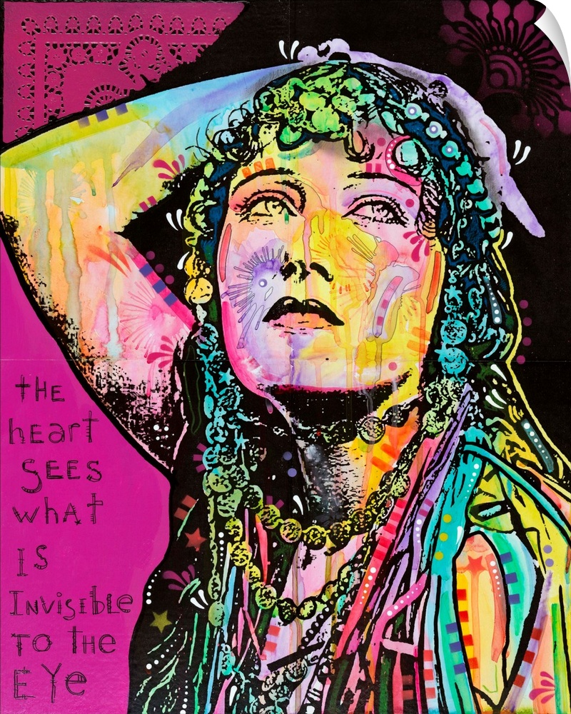 Pop art style artwork of a colorful woman with graffiti like designs on a bright magenta background with text that reads "...