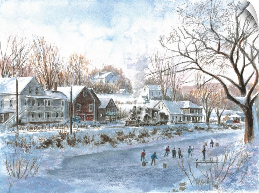 Contemporary painting of an idyllic American scene of children playing in the snow in winter.