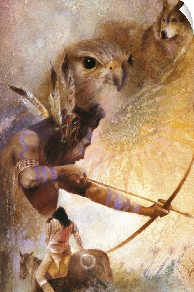 A contemporary painting of a Native American man pulling back on a bow about to release an arrow, while a wolf and falcon ...