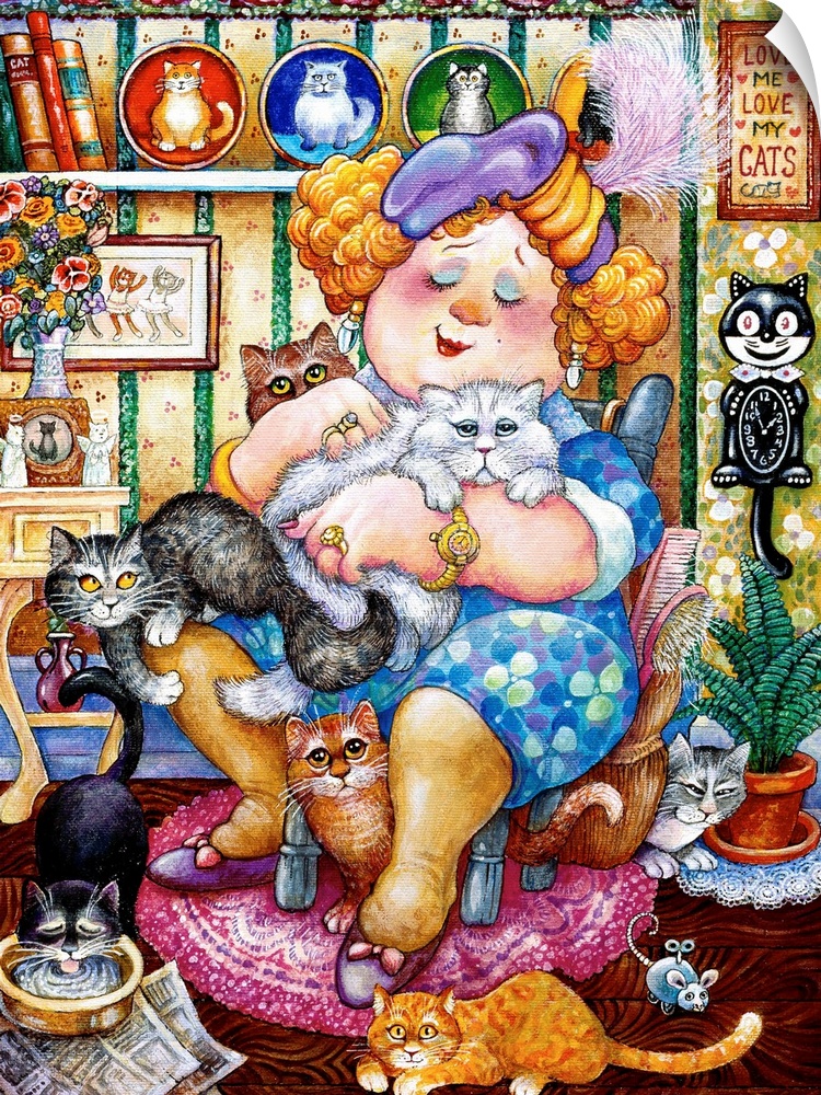 A lady sitting in her chair surrounded by her many cats.
