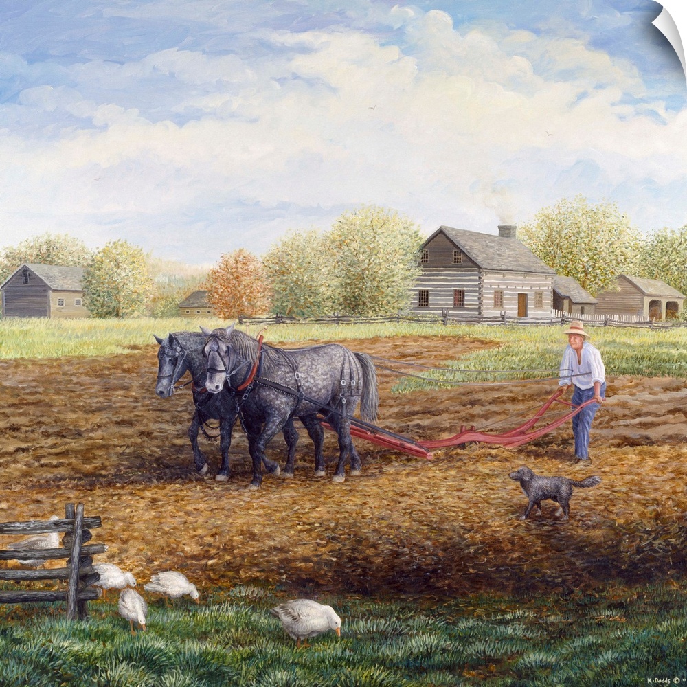 Contemporary artwork of a farmer plowing the land with his horses.