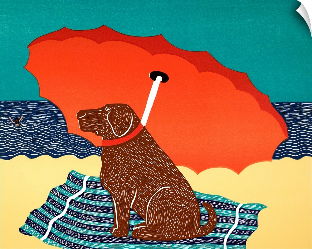 Illustration of a chocolate lab sitting on under a beach umbrella at the beach watching his owner swim.