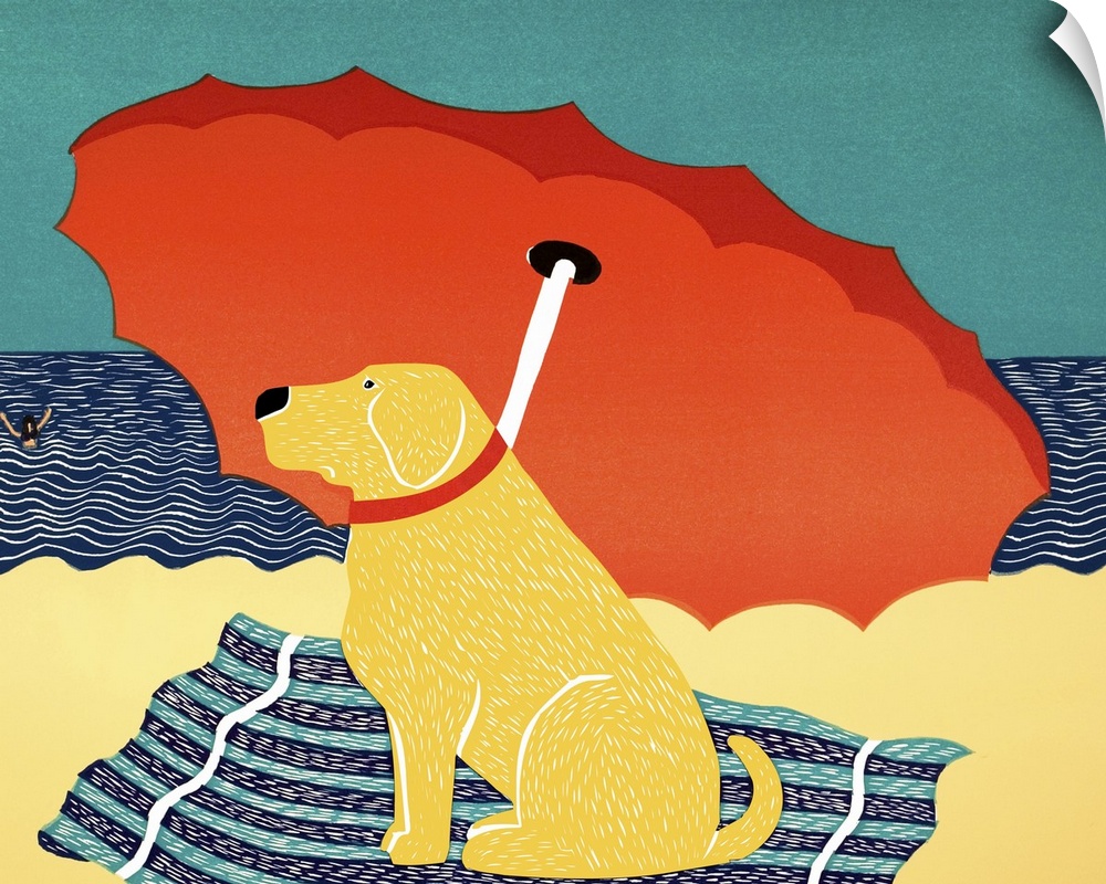 Illustration of a yellow lab sitting on under a beach umbrella at the beach watching his owner swim.