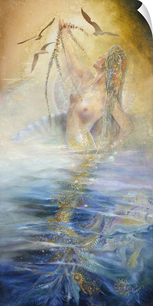 A contemporary painting of a Mermaid breaching the surface of the water she resides in.