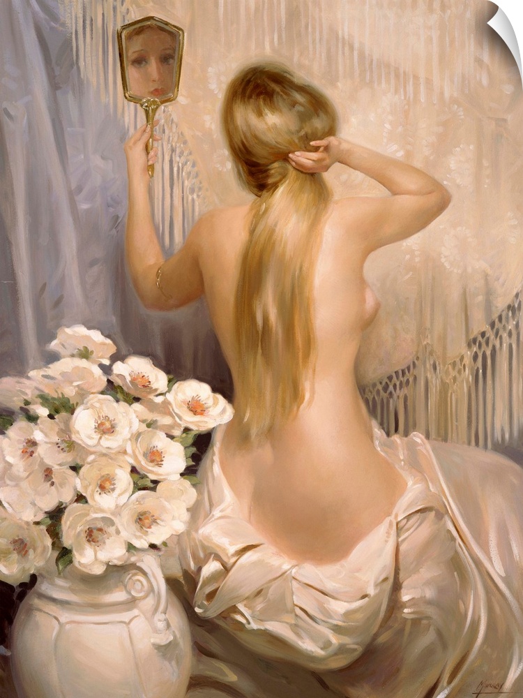 back view of a woman partially covered with a cloth looking in mirror, sitting next to vase of flowers