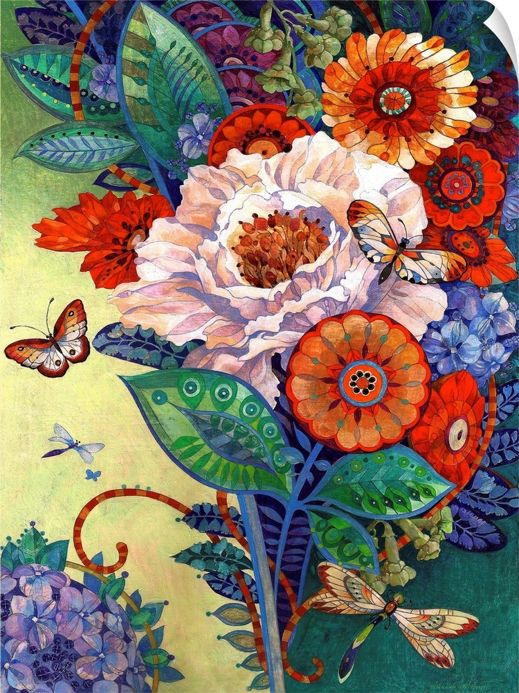 Contemporary artwork of colorful and decorative flowers.