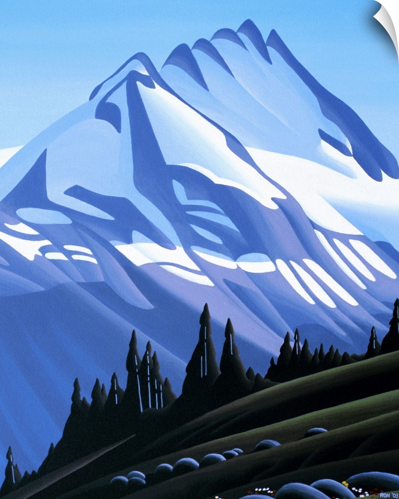 Painting of a snow topped mountain peak and a wilderness landscape in green on the foreground.
