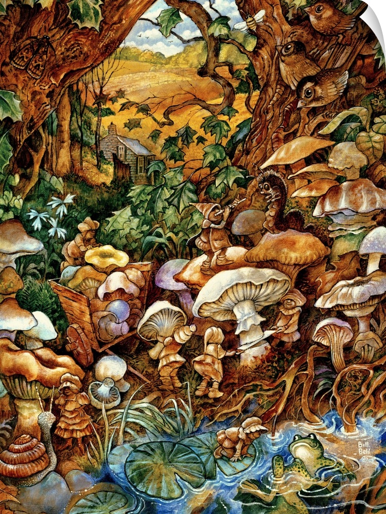 Mushroom fairies in woods.
