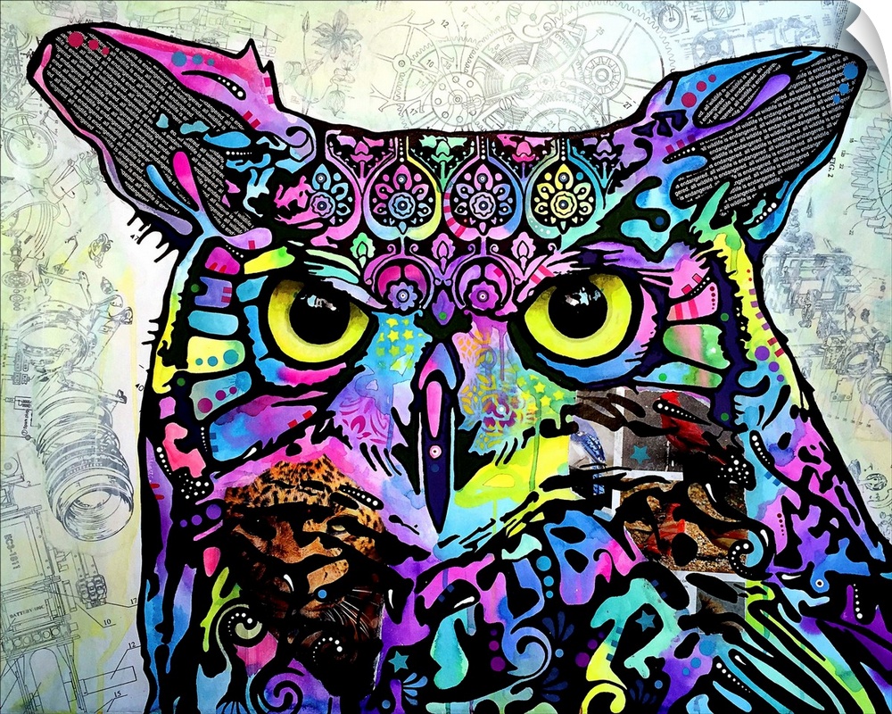 Vibrant painting of an owl with abstract designs on a white background with faint black blueprint illustrations.
