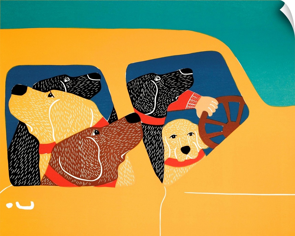 Illustration of a pack of labs in a yellow car.
