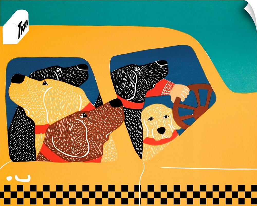 Illustration of a pack of labs in a Taxi cab.