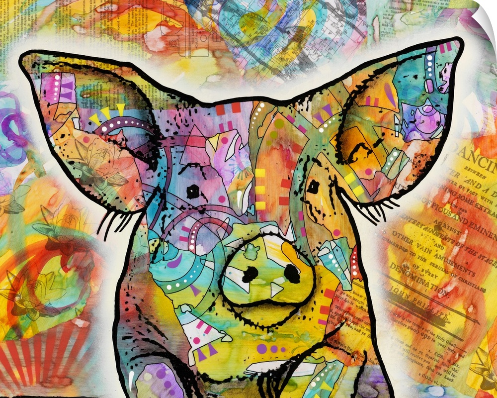 Colorful illustration of a pig leaning over a fence with abstract designs all over and a collage background with scraps of...