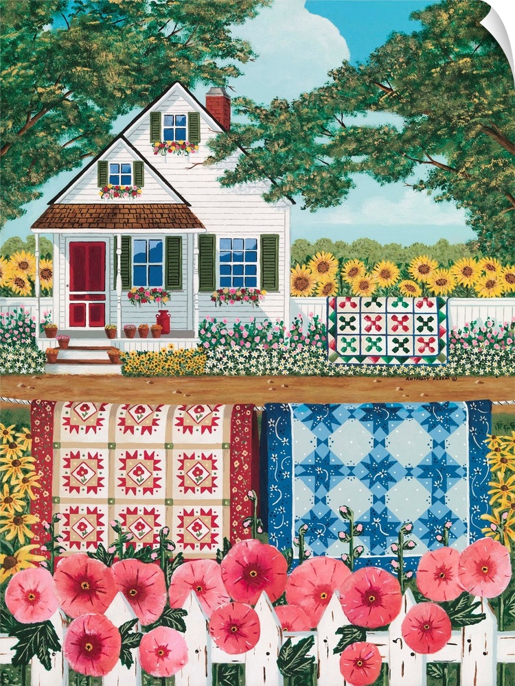 Contemporary Americana painting of a white house with a white picket fence out front covered in pink flowers.