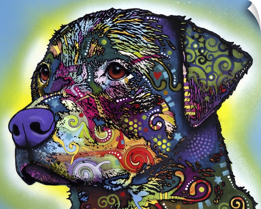 Contemporary artwork of a dog's outline that is filled with several multicolored patterns.