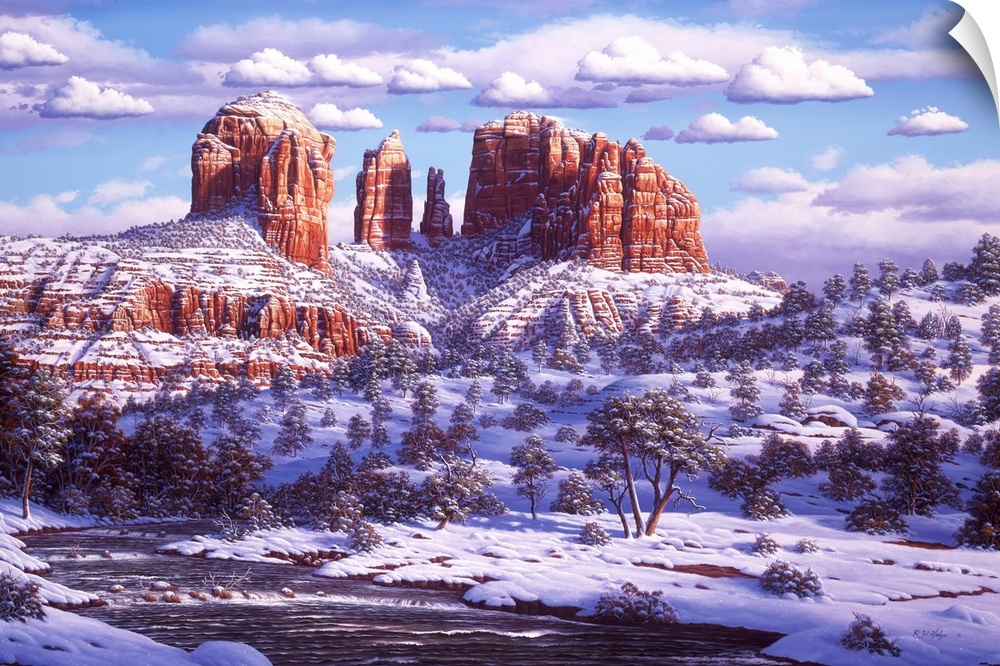 Red Rocks in the winter, covered in snow.
