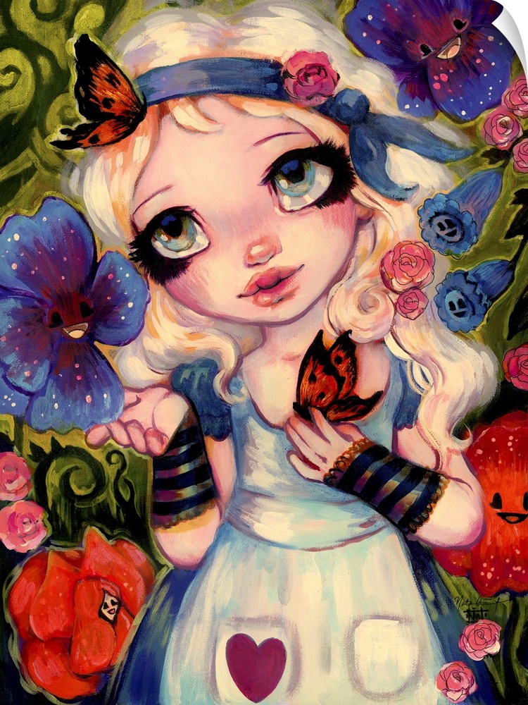 Fantasy painting of a woman in a garden of magical flowers.