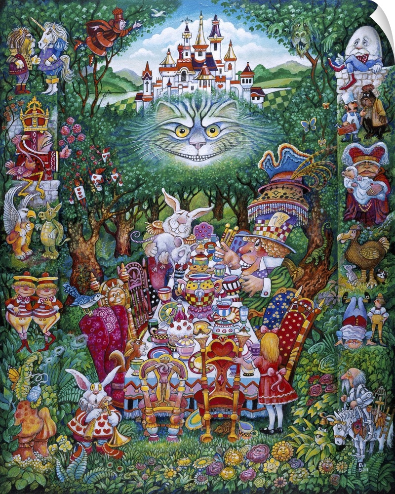 Various characters from Alice and Wonderland either border or partake in a tea party.