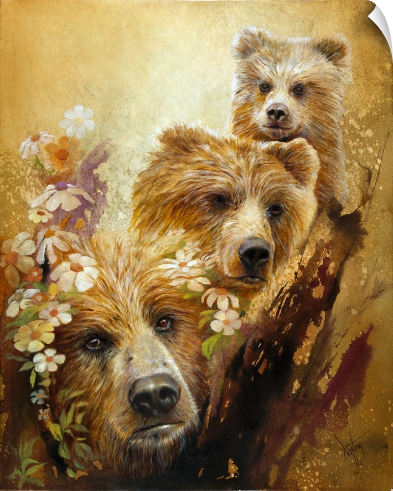 Contemporary painting of a montage of bears and wildflowers.