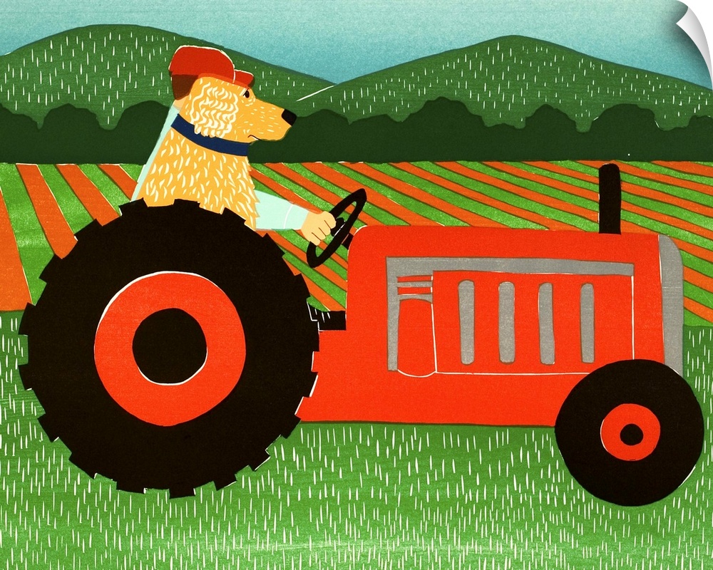 Illustration of a yellow lab riding on a red tractor with its owner.