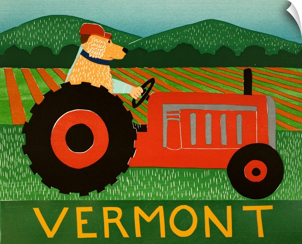 Illustration of a yellow lab riding on a red tractor with its owner with "Vermont" written at the bottom.
