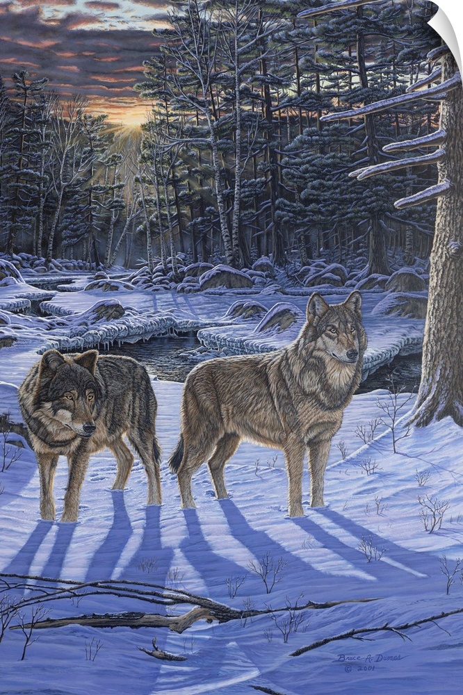 Contemporary artwork of two wolves in wintery forest scene.