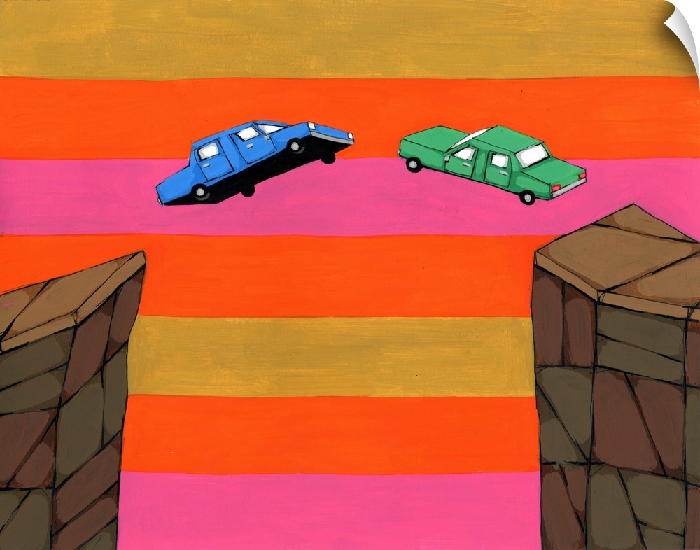 Painting of two cars jumping off cliffs towards each other with a gold, orange, and pink striped background.
